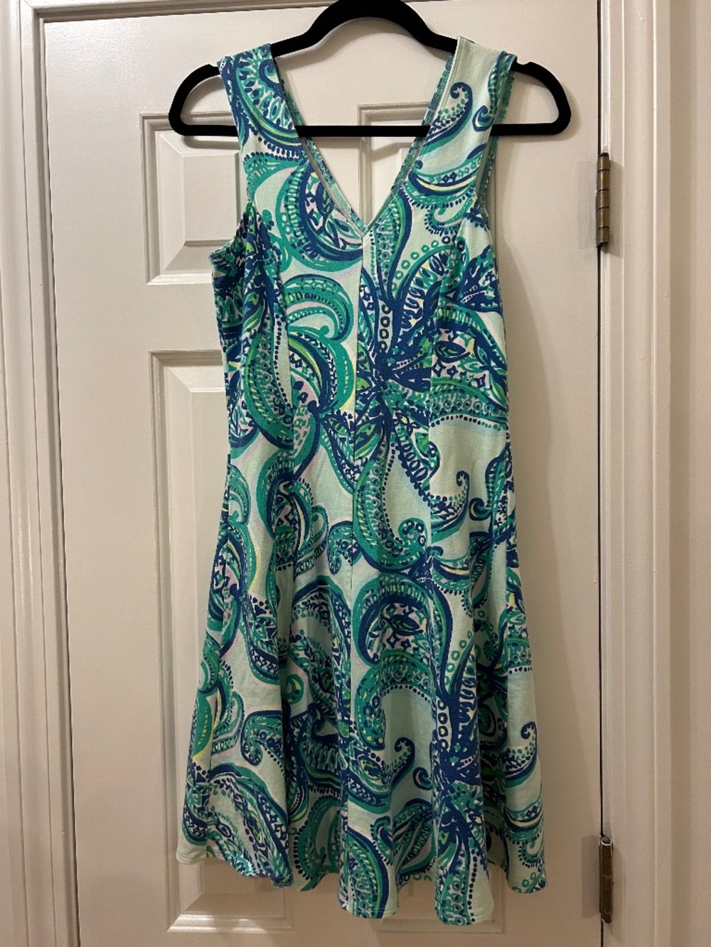 Lilly Pulitzer Fit & Flare Short Dress Blue Green Paisley V-Neck XS